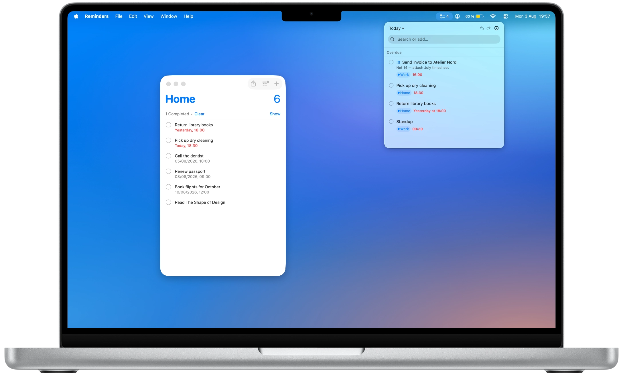 Perch open below the menu bar of a MacBook, listing today’s overdue reminders next to the Apple Reminders window holding the same list.