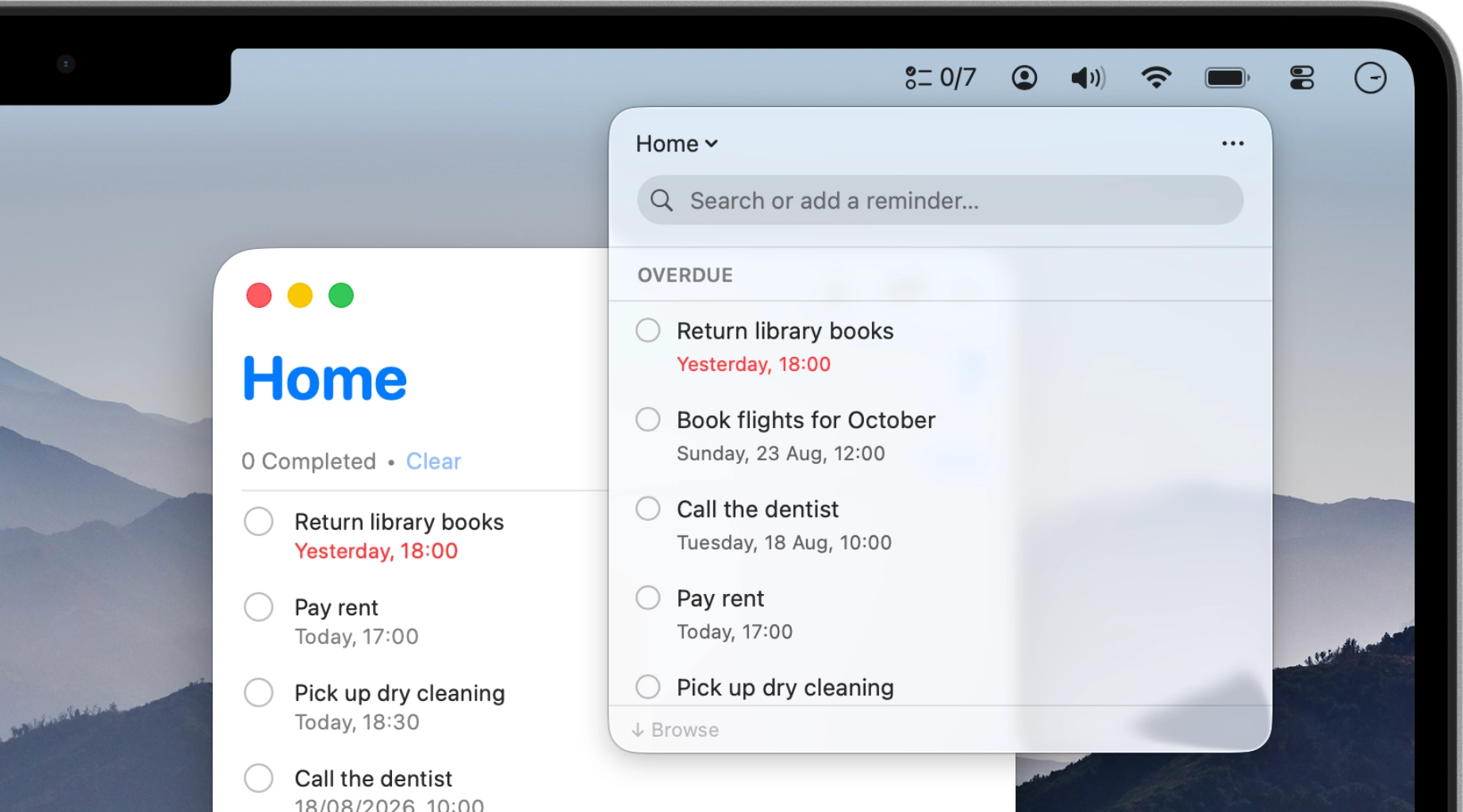 The Perch panel floating beside the Apple Reminders window, both showing the same list of reminders.