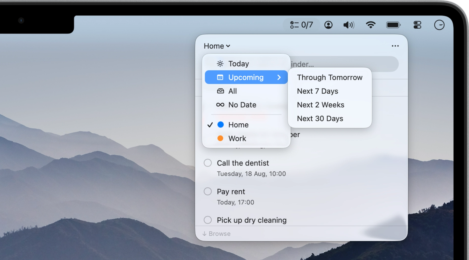 The Perch panel scoped from the menu bar, ready to scan what’s due without opening Apple Reminders.