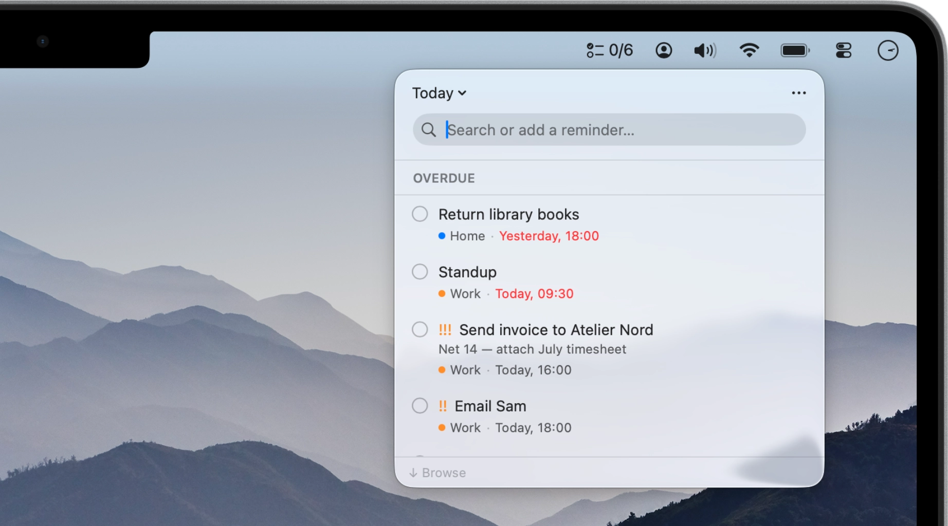 The Perch menu bar panel listing today’s reminders, each with its list colour and due time.