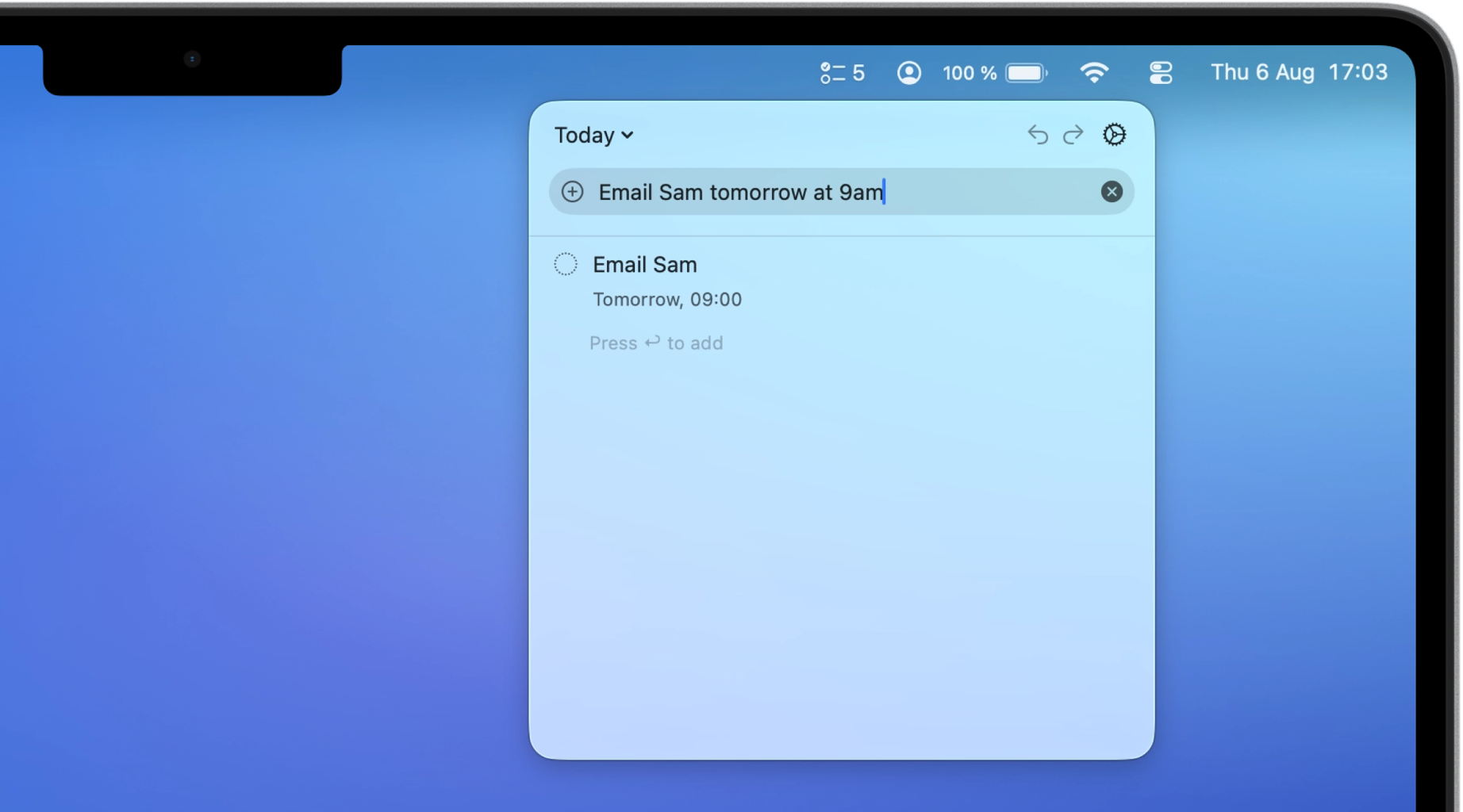 The Perch panel with “Email Sam tomorrow at 9am” typed into the field, and the reminder below showing what Perch read from it: Email Sam, tomorrow at 09:00, with “Press ↩ to add” beneath.