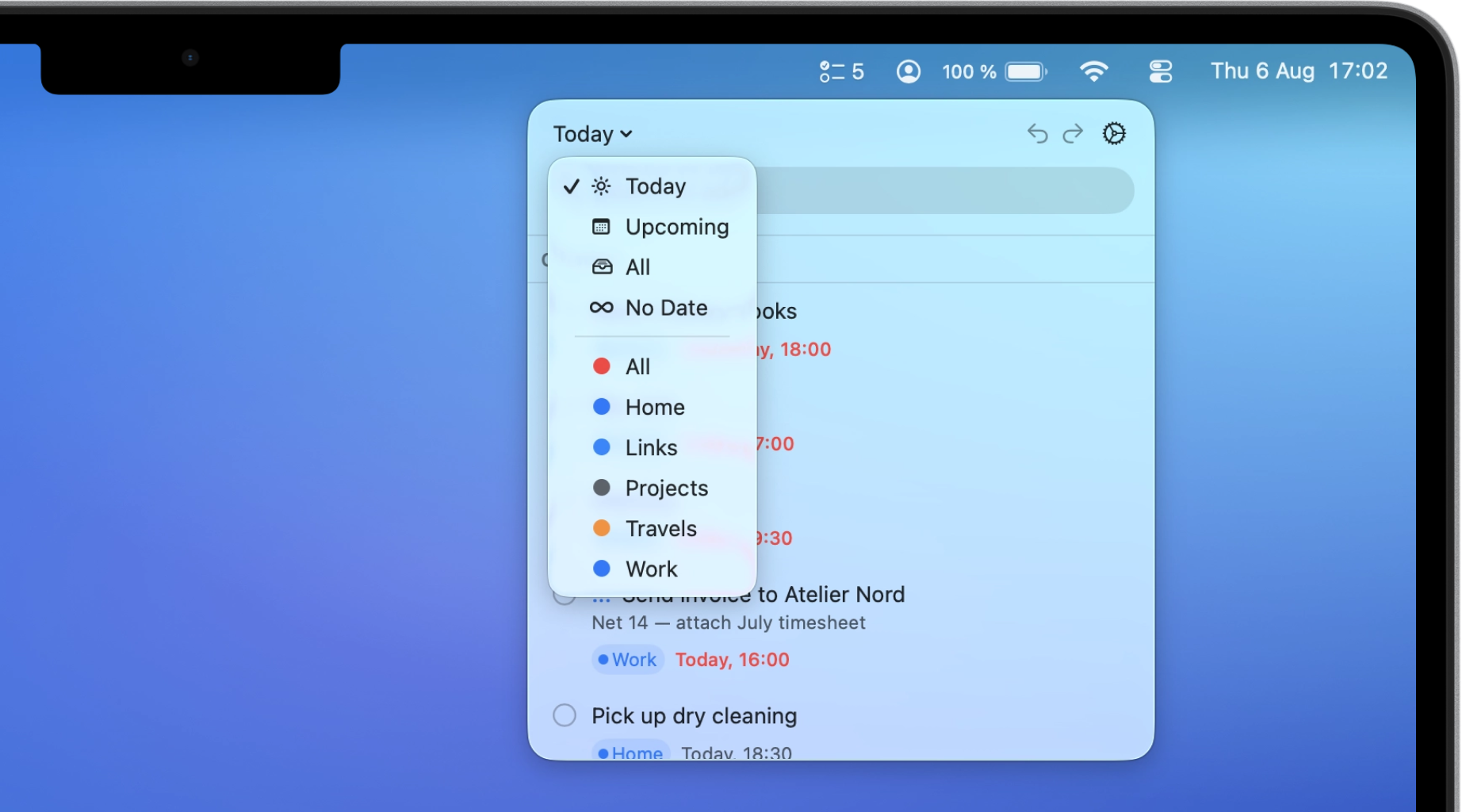 The Perch panel with its scope menu open: Today, Upcoming, All, and No Date above the user’s own Reminders lists.