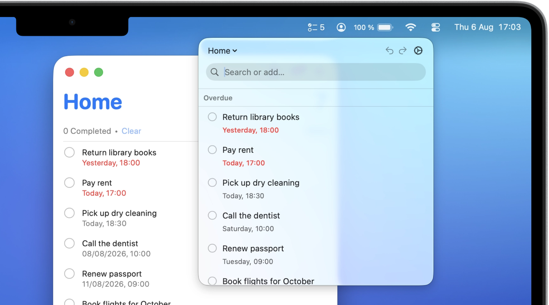 The Perch panel scoped to the Home list, floating beside the Apple Reminders window that holds the same list, with the same reminders in both.