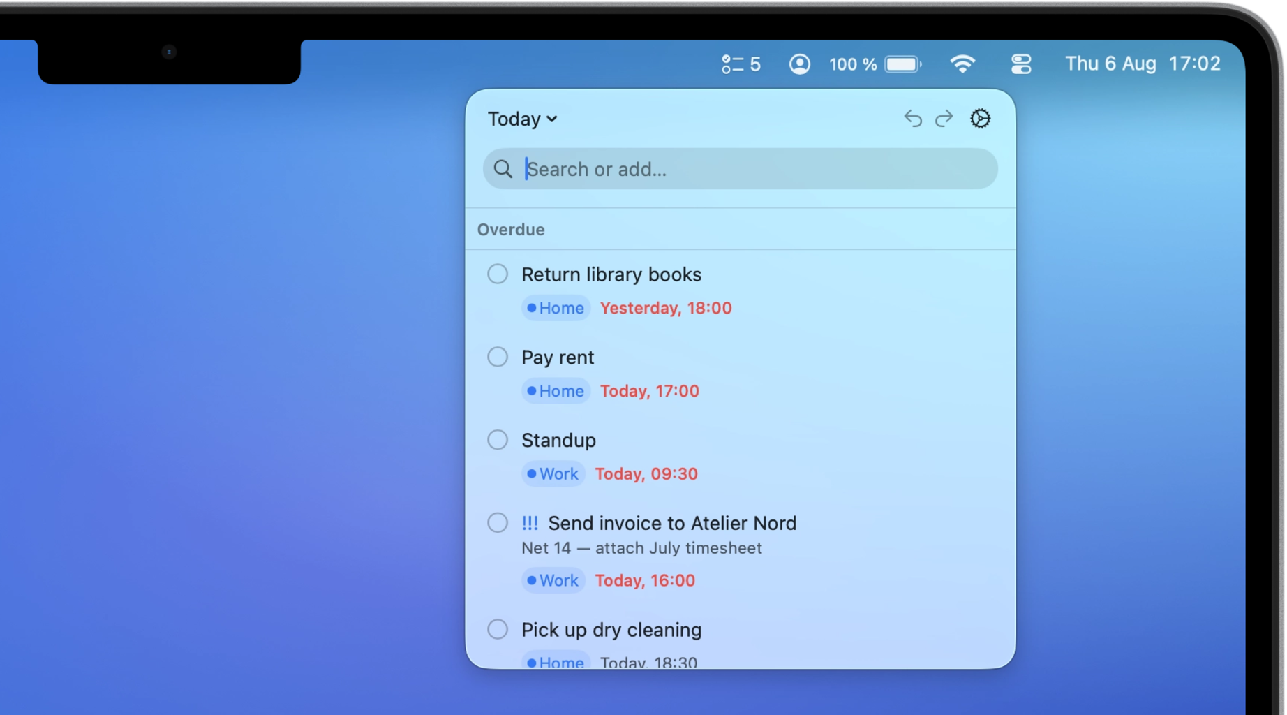 The Perch panel under the menu bar, scoped to Today: a search field and today’s overdue reminders, each with its list and time.