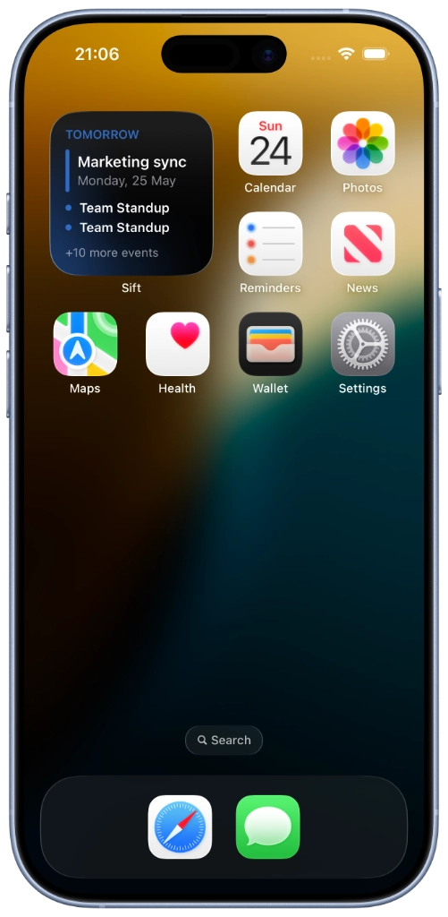 iPhone Home Screen with a Soona widget showing the next event.